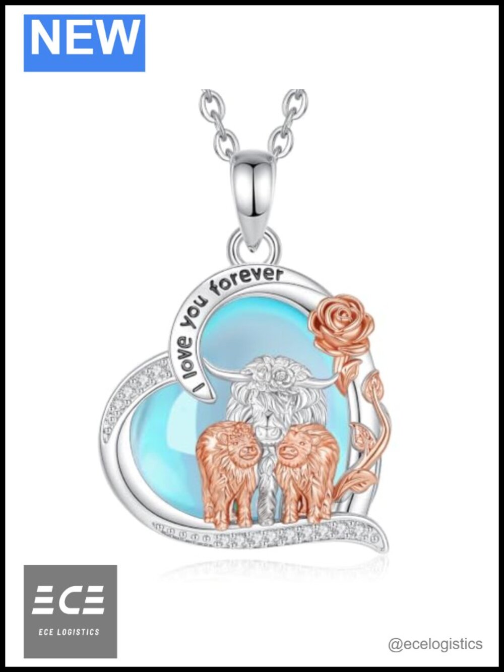 Rhodium Plated Copper Highland Cow Heart Pendant Necklace 22in